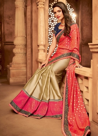 beige and salmon pink designer silk saree 2314