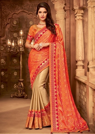 beige and coral orange designer silk saree 2311