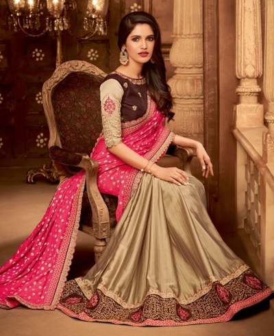 beige and rani pink designer silk saree 2307