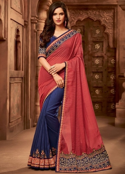 navy blue and carrot red designer silk saree 2304