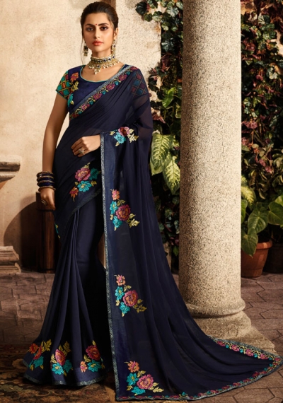 midnight blue saree with embroidered blouse 6163