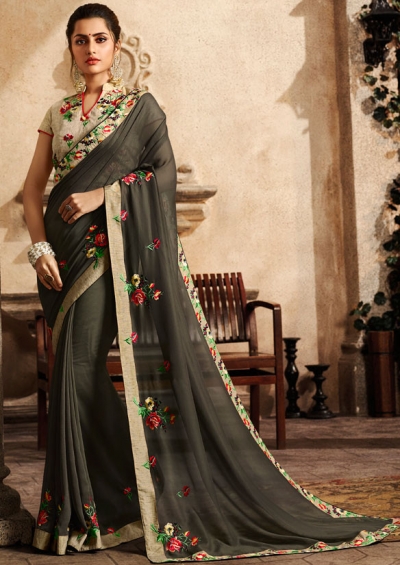 slate grey saree with embroidered blouse 6161