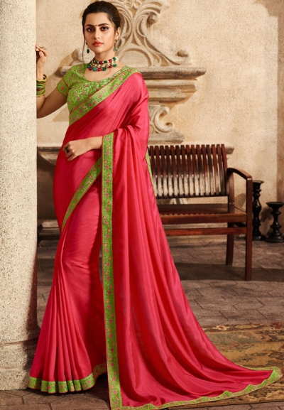 punch pink saree with embroidered blouse 6159