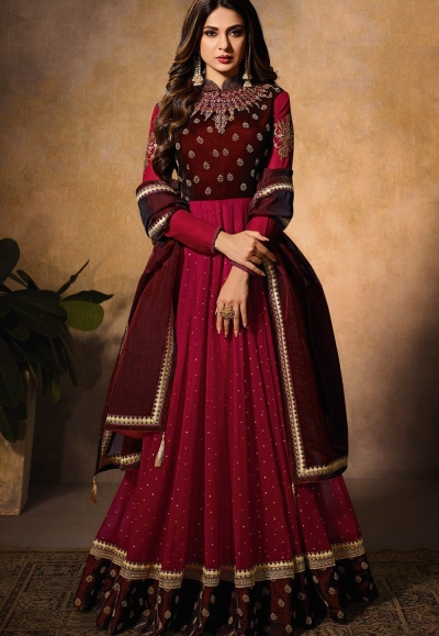 jennifer winget maroon resham work floor length anarkali suit 11030