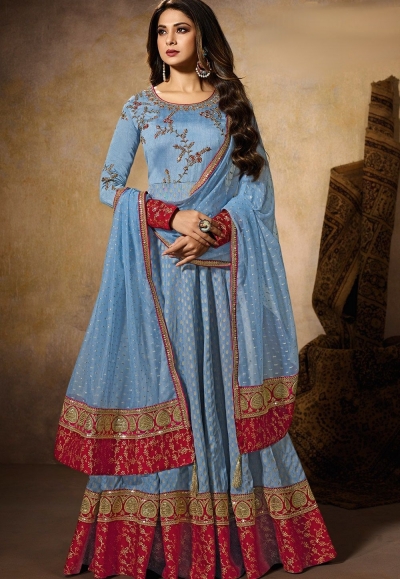 jennifer winget blue art silk embroidered floor length anarkali suit 11029