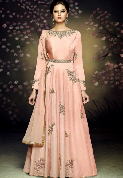 peach satin silk gown style long anarkali suit 3079