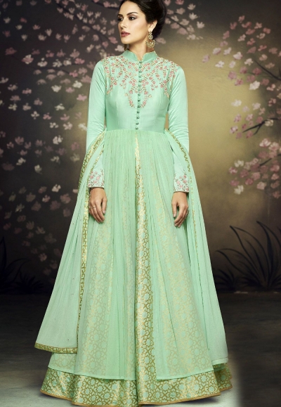 sea green net gown style embroidered anarkali suit 3078