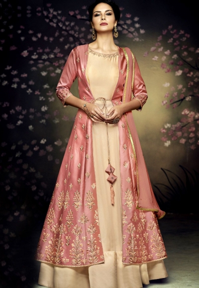 beige net and satin silk jacket style gown anarkali suit 3077