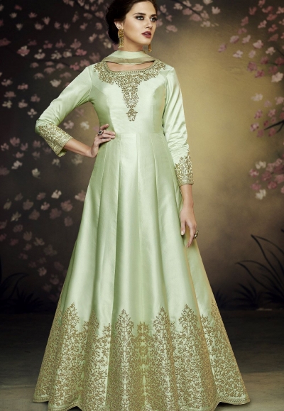 pista green satin silk gown style embroidered anarkali suit 3076