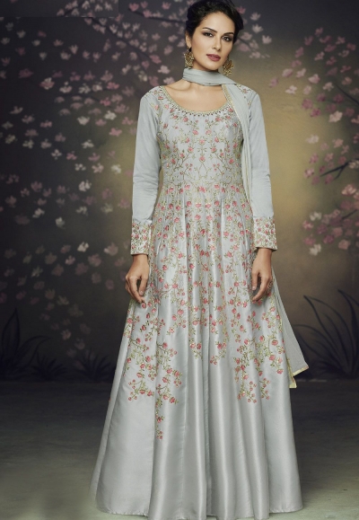 grey satin silk gown style embroidered anarkali suit 3074