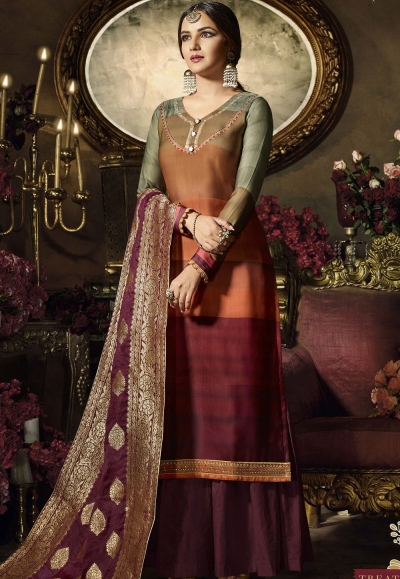 multi color satin georgette digital printed sharara style pakistani suit 11045