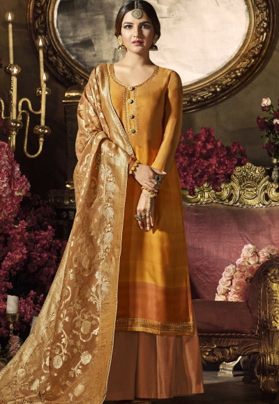 orange satin georgette digital printed sharara style pakistani suit 11042