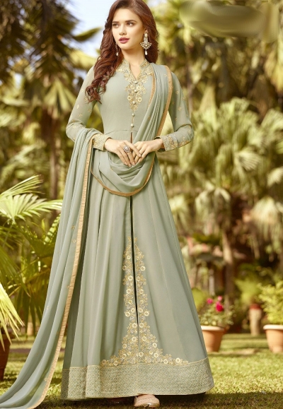 mint green soft georgette long embroidered trouser anarkali suit 20022