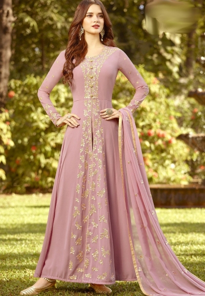 mauve soft georgette long embroidered trouser anarkali suit 20021