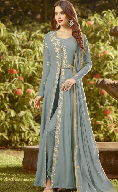 blue soft georgette long embroidered trouser style suit 20019