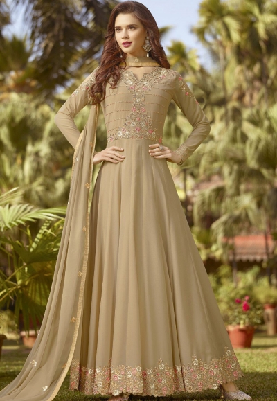 beige soft georgette long embroidered anarkali suit 20018