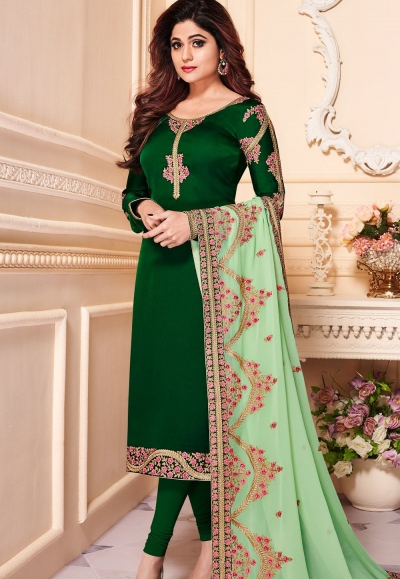 shamita shetty dark green georgette embroidered churidar suit 8142