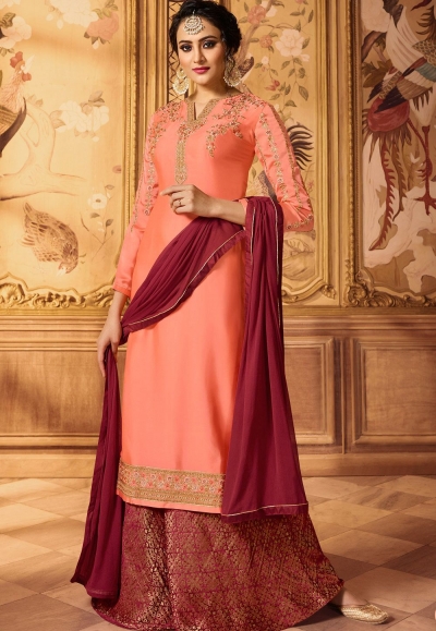 peach embroidered satin georgette sharara style pakistani suit 15606