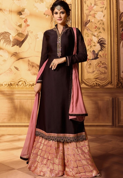 wine embroidered satin georgette sharara style pakistani suit 15604