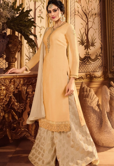 cream embroidered satin georgette sharara style pakistani suit 15602