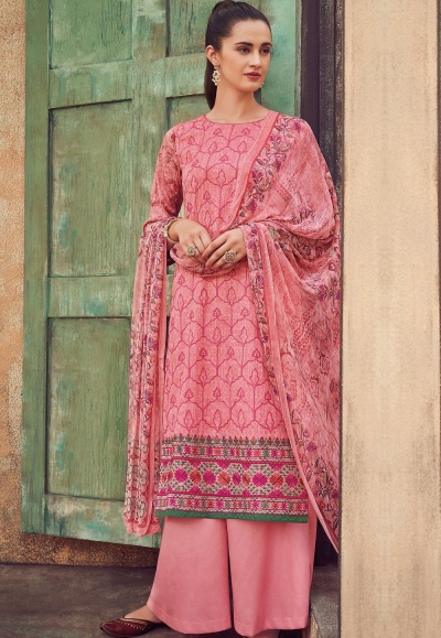 pink cotton satin embroidered daman work and digital printed palazzo suit 9040