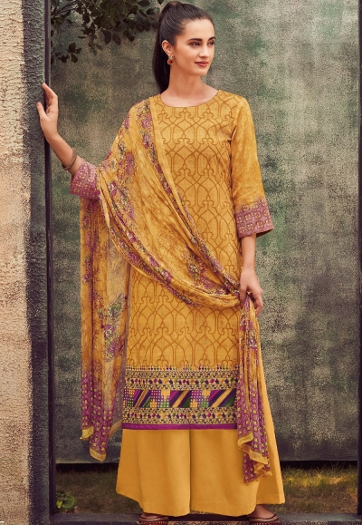 mustard cotton satin embroidered daman work and digital printed palazzo suit 9035