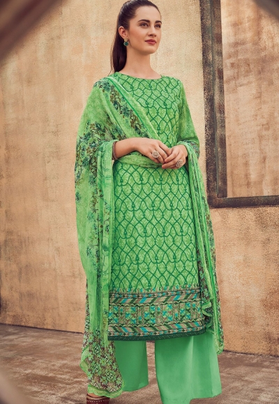 green cotton satin embroidered daman work and digital printed palazzo suit 9033