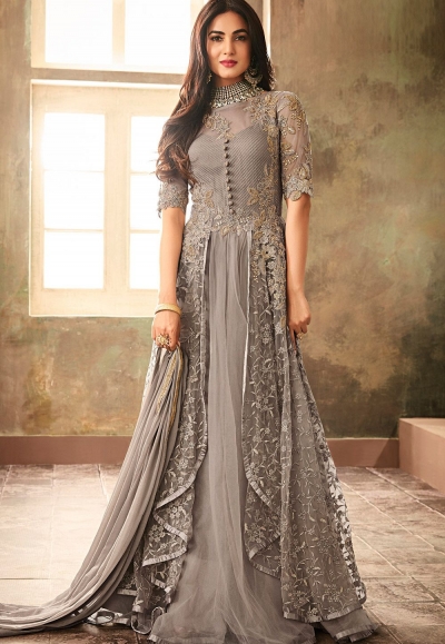 sonal chauhan grey net embroidered designer anarkali suit 6707