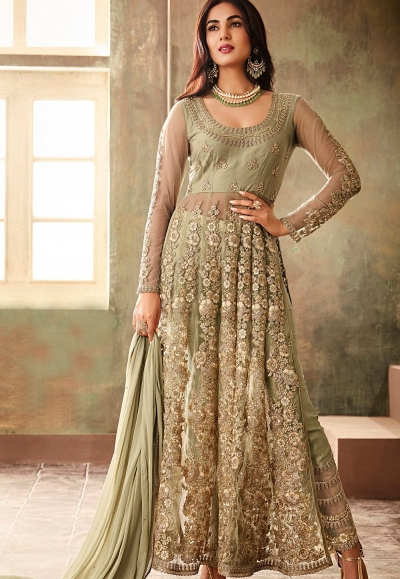 sonal chauhan green net embroidered designer anarkali suit 6704