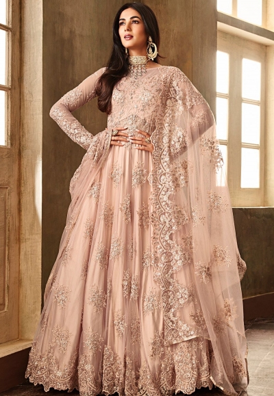 sonal chauhan peach net embroidered heavy anarkali suit 6701