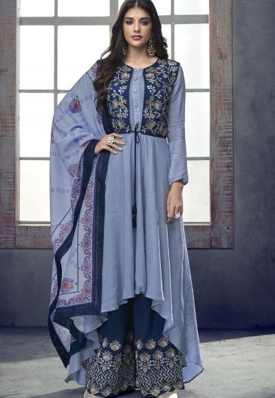 blue shade maslin palazzo jacket style pakistani suit 716