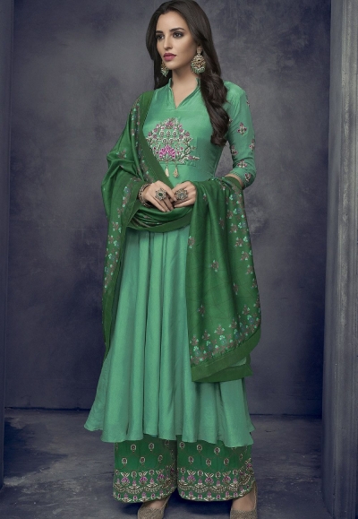 green maslin palazzo style pakistani suit 715