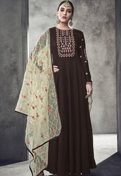 brown maslin cotton long anarkali gown style suit 39011