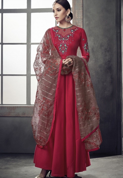 pink maslin cotton long anarkali embroidered gown style suit 39010