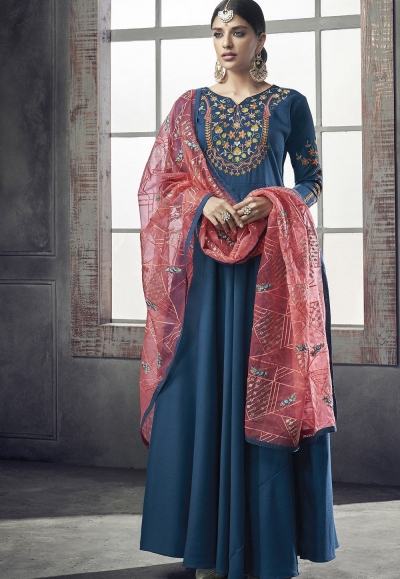 blue maslin cotton long anarkali gown style suit 39006