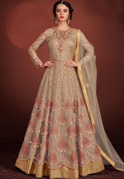 grey net embroidered lehenga style anarkali suit 8150