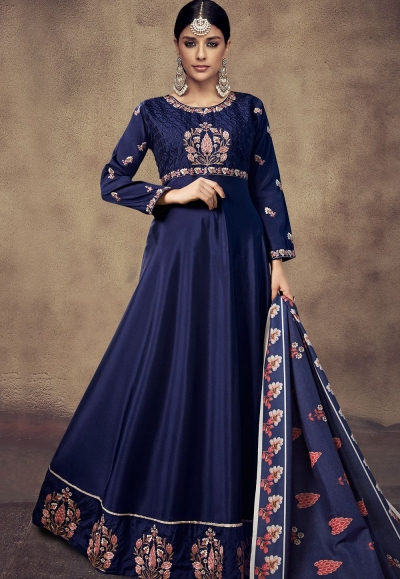 navy blue tapeta and satin silk embroidered readymade anarkali gown 39015