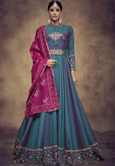blue tapeta and satin silk embroidered readymade anarkali gown 39013