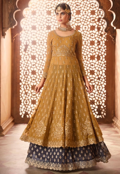 Mustard and Grey Georgette wedding lehenga