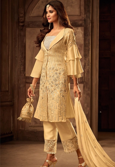 cream georgette satin embroidered trouser style pakistani suit 29007