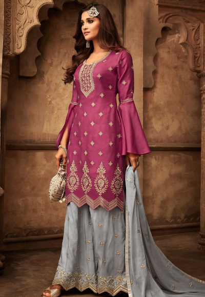 pink grey georgette satin embroidered palazzo style pakistani suit 29006