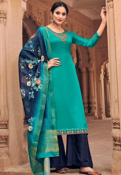 cyan georgette satin palazzo style suit 6604