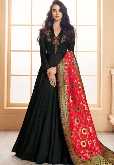 black satin long embroidered gown style suit 5021