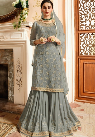 grey satin net embroidered sharara style heavy pakistani suit 15306