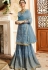 blue satin net embroidered sharara style pakistani suit 15303