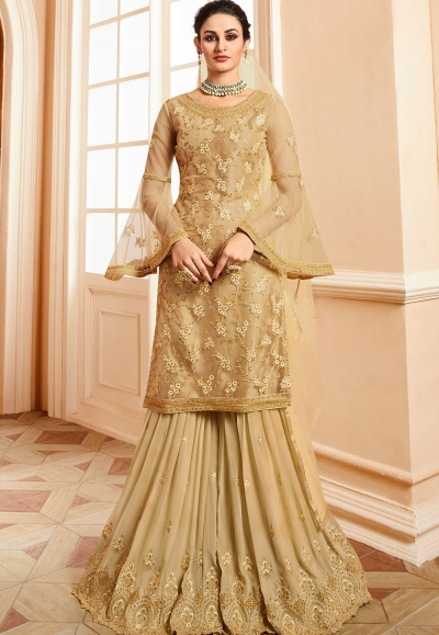 golden satin net embroidered sharara style pakistani suit 15302