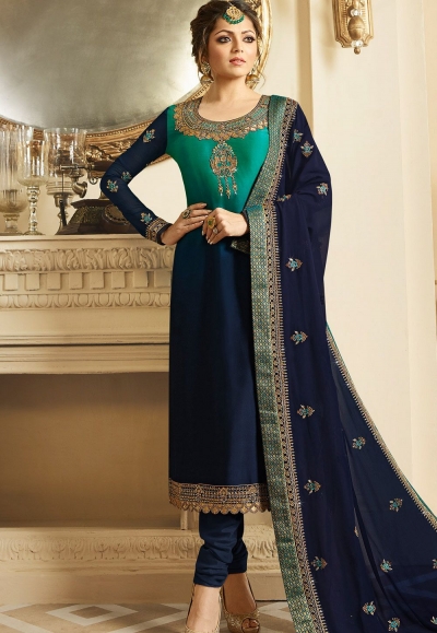 drashti dhami blue shade satin georgette embroidered churidar suit 3208