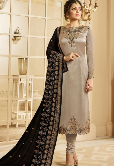 drashti dhami grey satin georgette embroidered churidar suit 3207