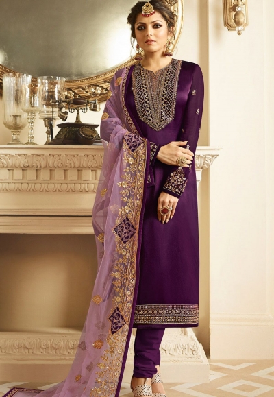 drashti dhami purple satin georgette embroidered churidar suit 3206