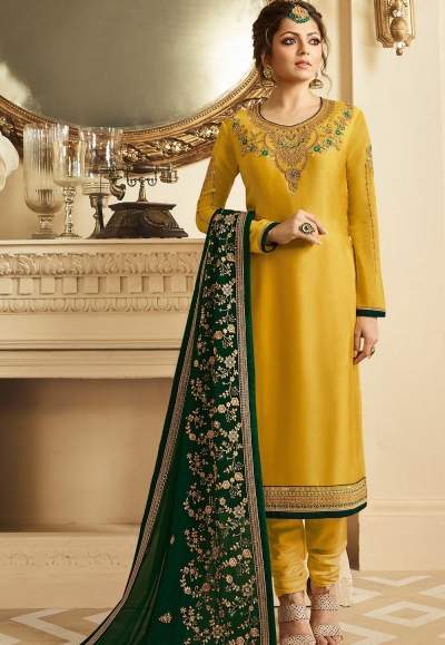 drashti dhami yellow satin georgette embroidered churidar suit 3204